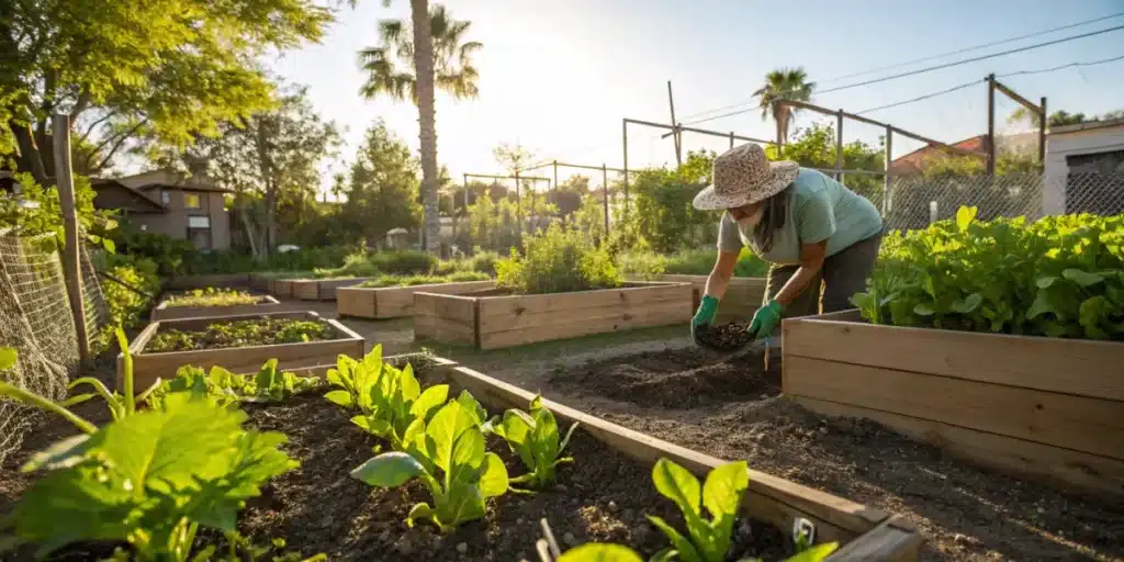 Gardener preparing soil in raised beds in an urban community garden.