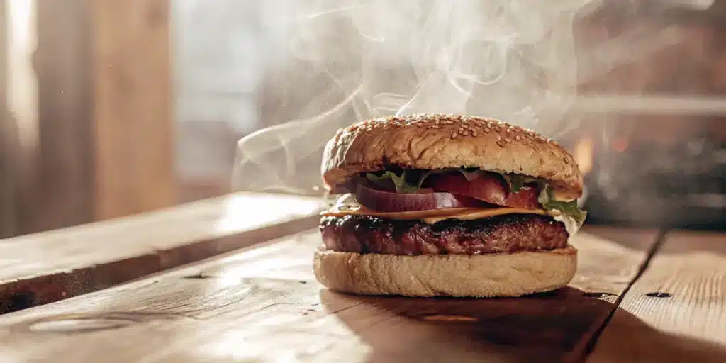 Steaming vegan burger with hemp seeds, lettuce, tomato and cheese on a wooden table.