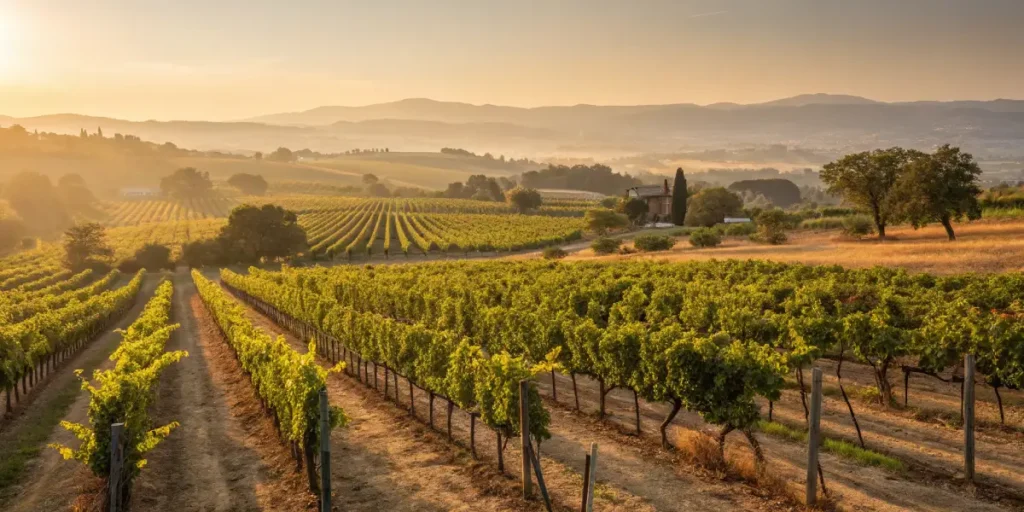 Panoramic vineyard landscape with rows of crops under warm sunset light.