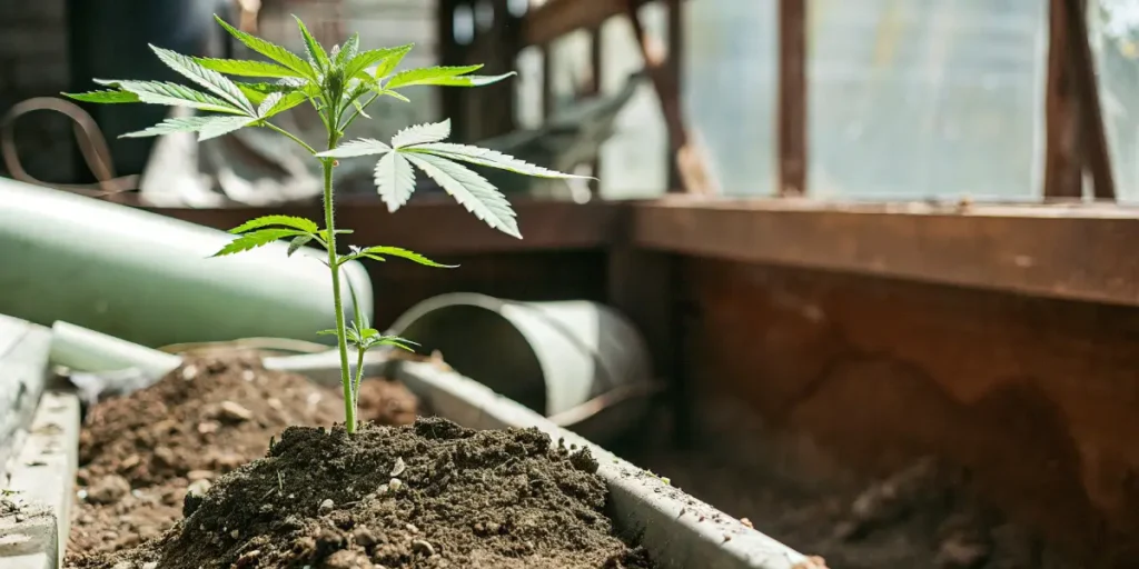 Young cannabis plant growing in soil bed inside a greenhouse or indoor setup.