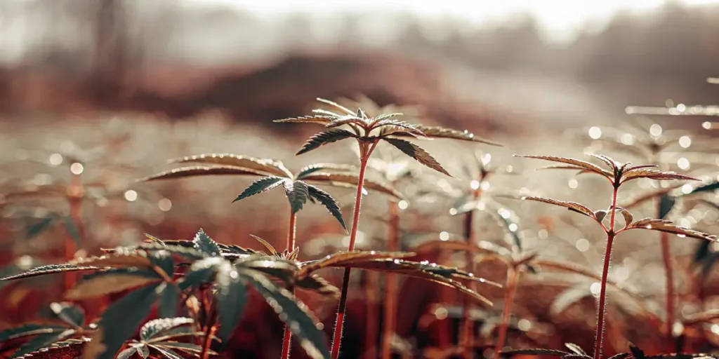 Young cannabis plants growing outdoors with morning dew and warm sunlight.