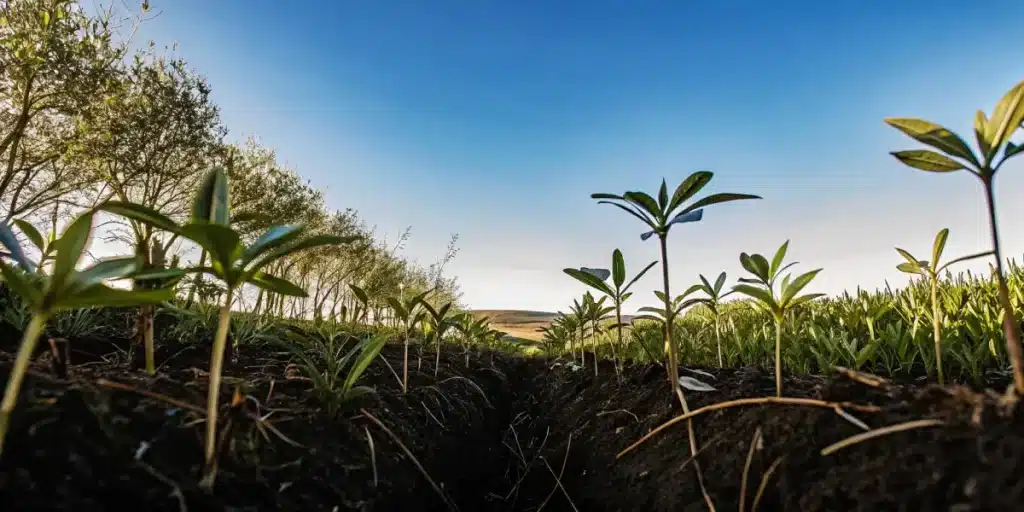 Young cannabis seedlings growing in soil rows outdoors under blue sky.