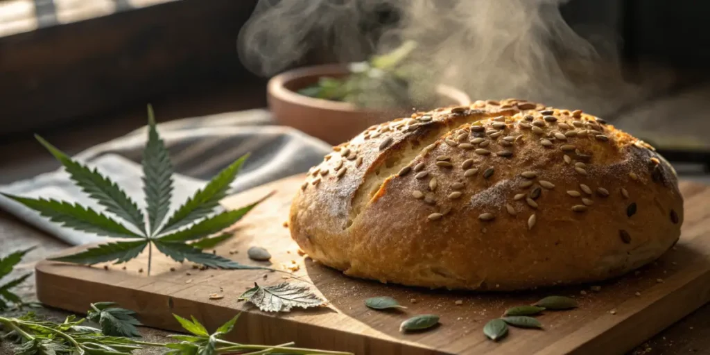 Steaming artisan bread with hemp seeds and cannabis leaf on cutting board.
