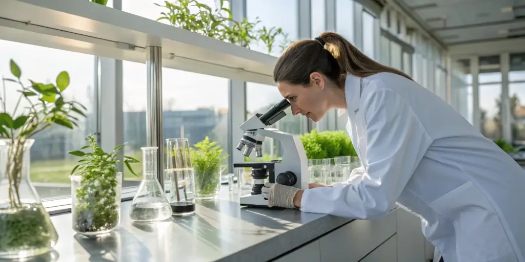 Female scientist studying plant specimens with a microscope in a research lab.