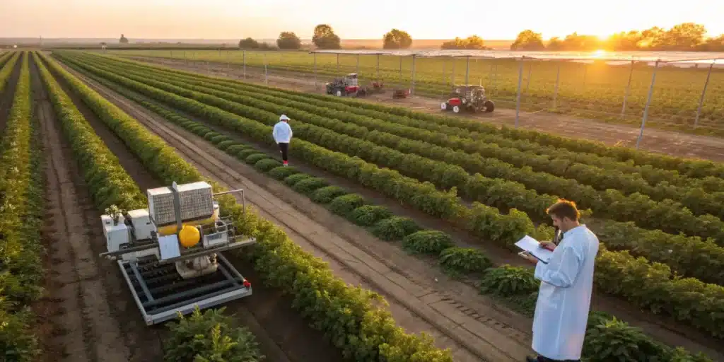 Researchers monitoring large-scale cannabis cultivation field at sunset.
