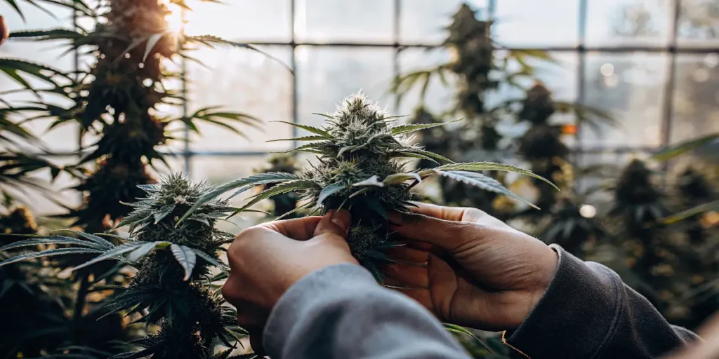 Hands inspecting mature cannabis buds inside a greenhouse cultivation facility during flowering stage.