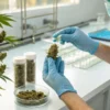 Lab technician examining cannabis bud with gloves next to plant and sample jars.