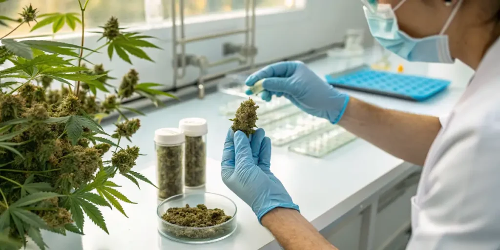 Lab technician examining cannabis bud with gloves next to plant and sample jars.