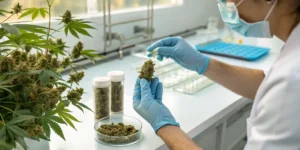 Lab technician examining cannabis bud with gloves next to plant and sample jars.
