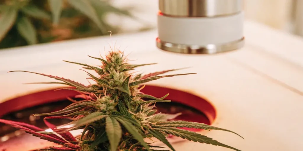 Cannabis bud positioned under microscope during laboratory quality analysis.