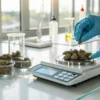 Scientist weighing cannabis buds on digital scale in modern laboratory.