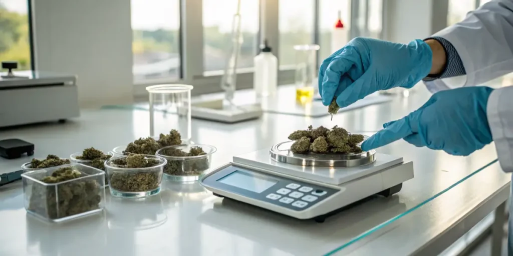 Scientist weighing cannabis buds on digital scale in modern laboratory.