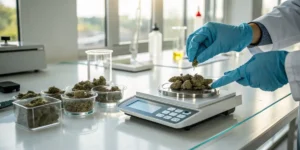 Scientist weighing cannabis buds on digital scale in modern laboratory.
