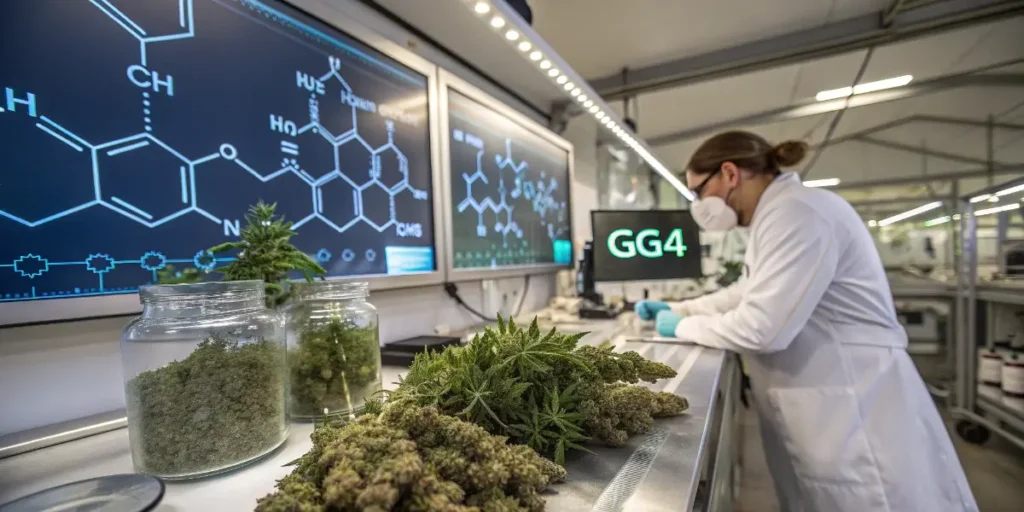 Cannabis scientist studying cannabinoid molecular structures beside marijuana samples in a research laboratory.