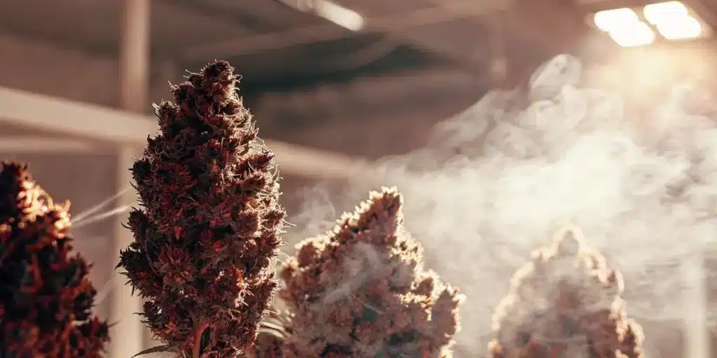 Large cannabis colas surrounded by vapor in an indoor cultivation facility with bright grow lights.