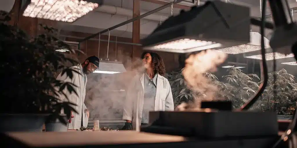 Cannabis cultivation lab with researchers monitoring indoor air quality and flowering marijuana plants under LED lights.