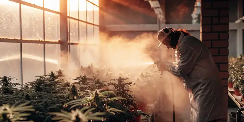 Indoor cannabis cultivator spraying humidity mist over marijuana plants in a commercial grow room at sunset lighting.