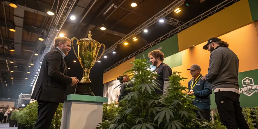 Cannabis growers presenting competition plants beside a championship trophy at a cannabis cup.