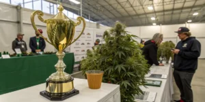 Cannabis competition trophy displayed beside a flowering cannabis plant at a cultivation awards event.