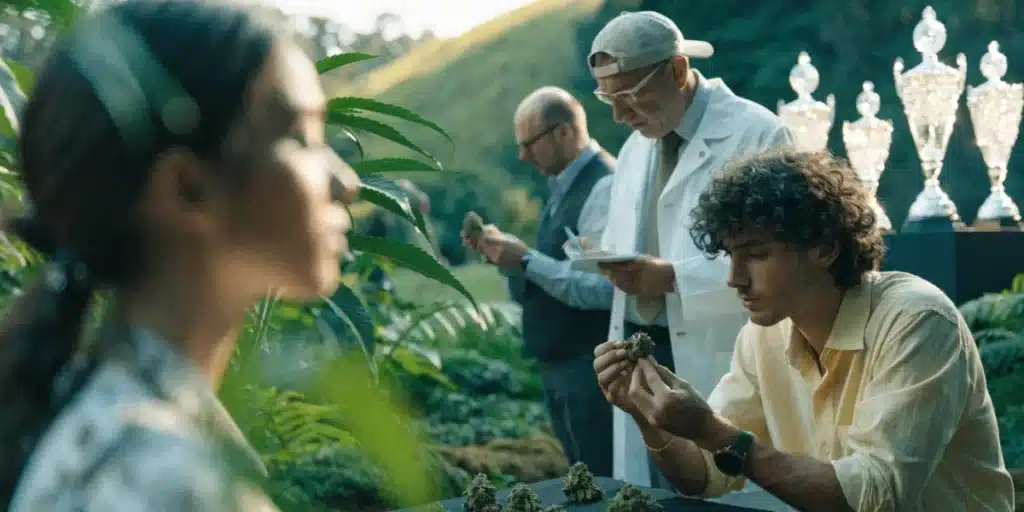 Judges evaluating premium cannabis flowers during an outdoor cannabis cup competition.