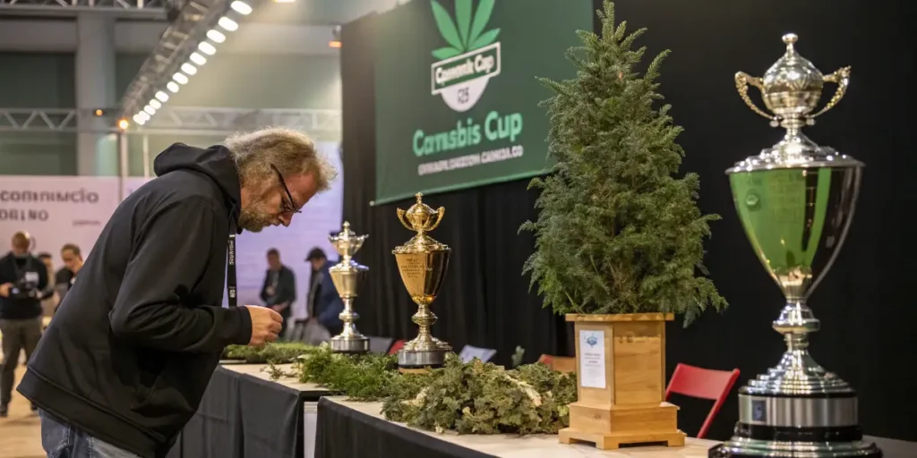Judge inspecting cannabis flowers beside championship trophies at a cannabis cup competition.