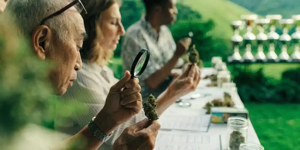Cannabis cup judges closely examining premium cannabis buds during a professional quality assessment.
