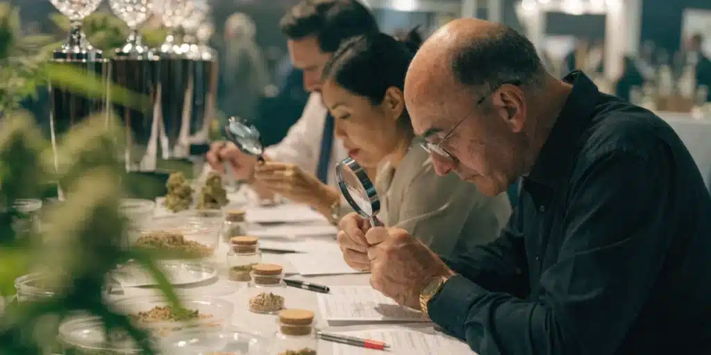 Professional cannabis cup judges inspecting cannabis flowers with magnifying glasses during the judging process.