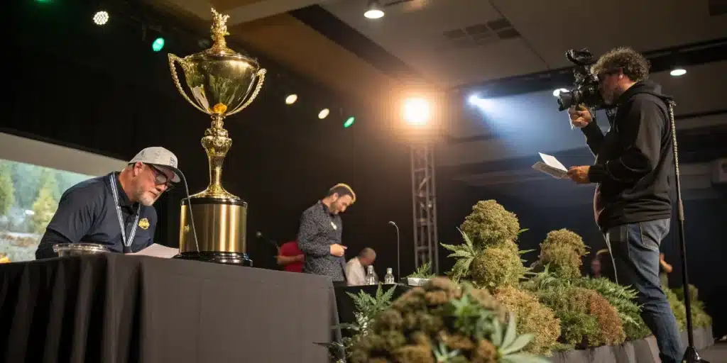 Media filming cannabis cup judges evaluating award-winning cannabis entries beside the championship trophy.