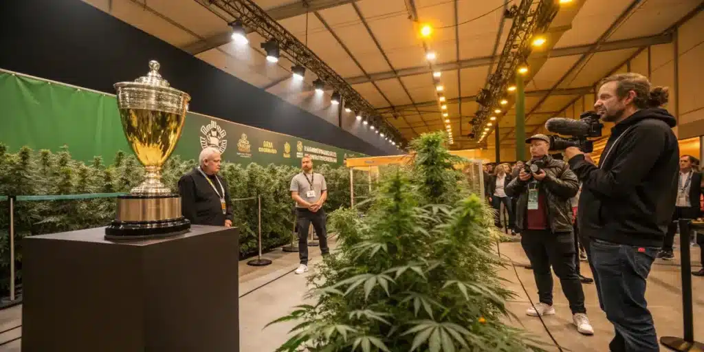 Judges, media, and attendees evaluating cannabis plants during a live cannabis cup competition.