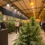 Judges, media, and attendees evaluating cannabis plants during a live cannabis cup competition.
