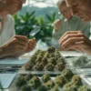 Professional judges inspecting cannabis flowers with magnifying glasses during a cannabis cup competition.
