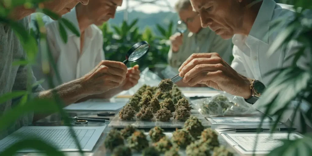 Professional judges inspecting cannabis flowers with magnifying glasses during a cannabis cup competition.
