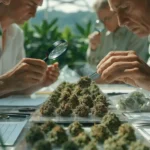 Professional judges inspecting cannabis flowers with magnifying glasses during a cannabis cup competition.