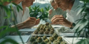 Professional judges inspecting cannabis flowers with magnifying glasses during a cannabis cup competition.