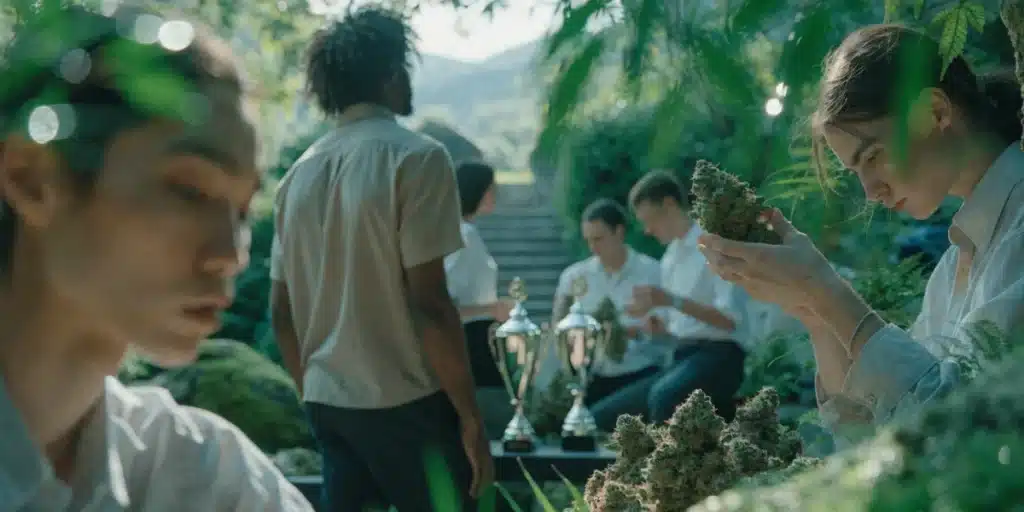 Judge smelling a cannabis flower during a professional cannabis cup judging session.