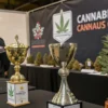 Award trophies displayed beside championship cannabis flowers during a cannabis cup competition.