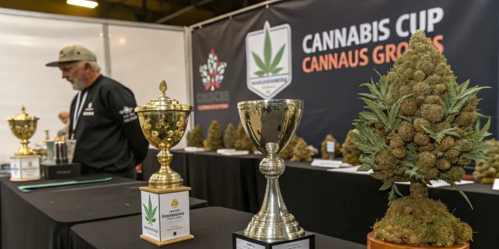 Award trophies displayed beside championship cannabis flowers during a cannabis cup competition.