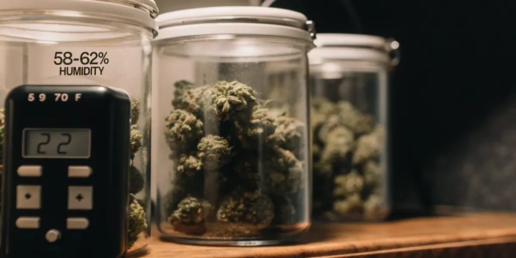 Cannabis buds curing in glass jars beside a digital humidity monitor showing ideal storage conditions.