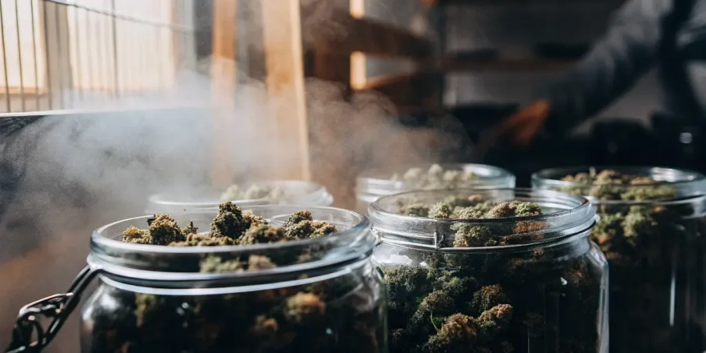 Glass jars filled with cannabis buds curing in a controlled indoor environment with visible humidity.