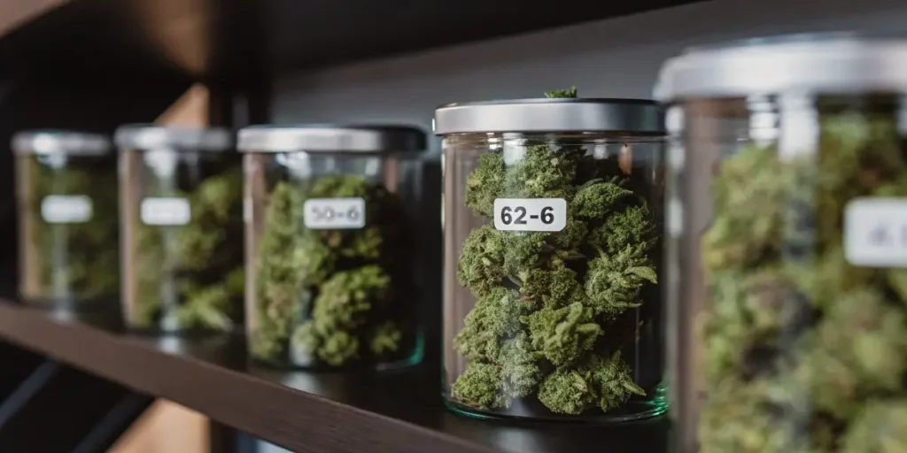 Glass jars filled with cannabis buds labeled for humidity-controlled curing and long-term storage.