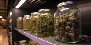 Glass jars filled with cured cannabis buds stored on shelves inside a professional marijuana curing room.