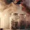 Glass jars filled with cannabis buds during a terpene-preserving curing process with visible vapor.