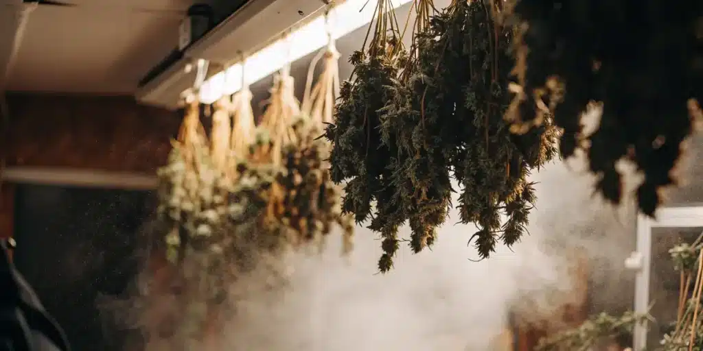 Cannabis drying room with hanging marijuana branches and controlled humidity for proper curing conditions.