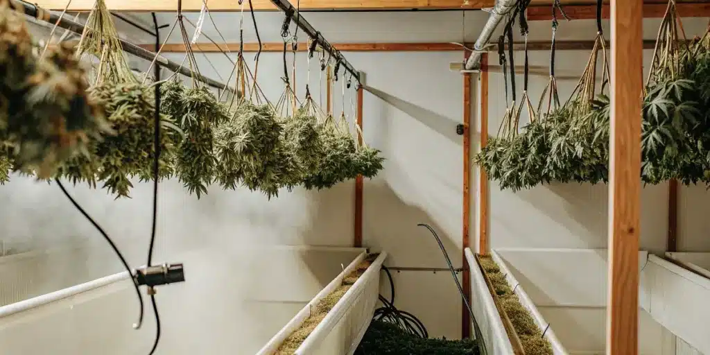 Cannabis drying room with harvested marijuana plants hanging during the post-harvest curing process.