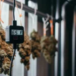 Cannabis buds hanging in a drying room with a digital temperature monitor displaying controlled drying conditions.
