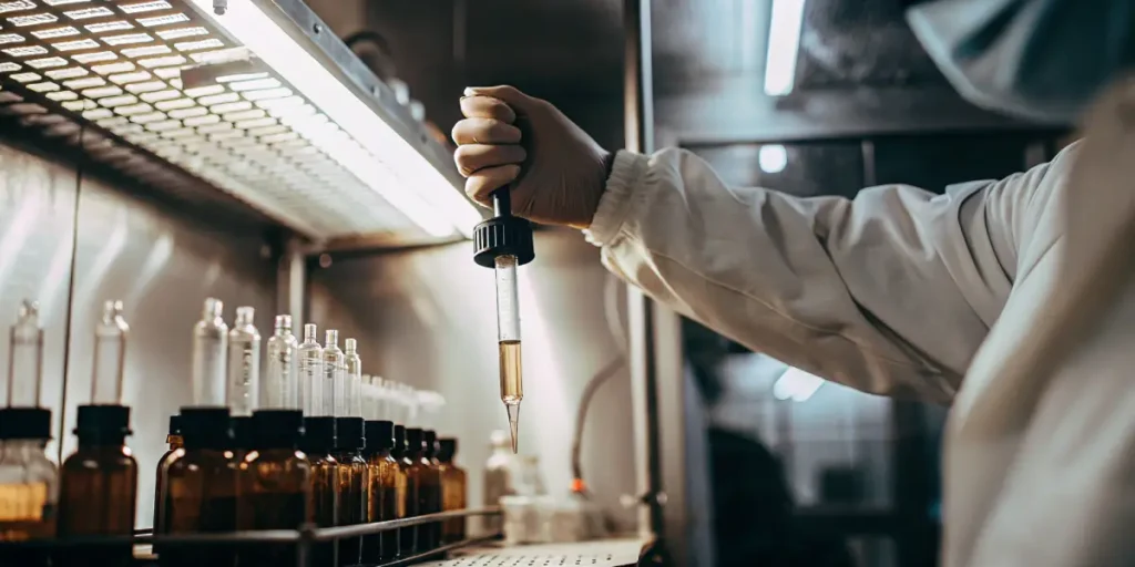 Laboratory technician using pipette to test cannabis extract in sterile research facility.