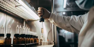 Laboratory technician using pipette to test cannabis extract in sterile research facility.