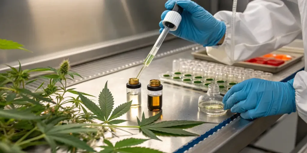 Scientist analyzing cannabis extract samples with pipette in laboratory.