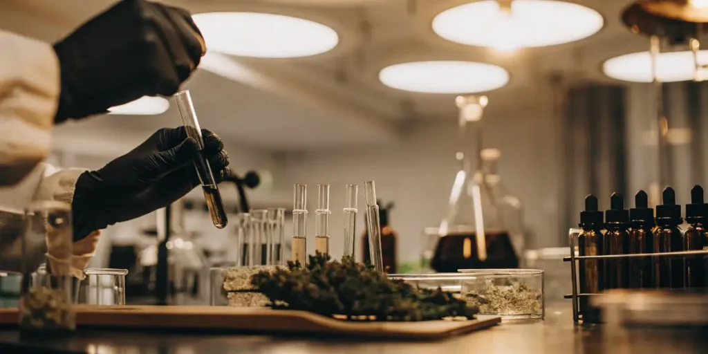 Scientist analyzing cannabis extract samples with test tubes and laboratory equipment in a modern research lab.