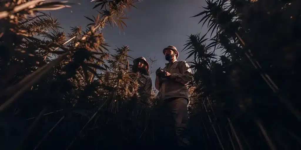 Agricultural workers inspecting mature cannabis plants in a large outdoor field.